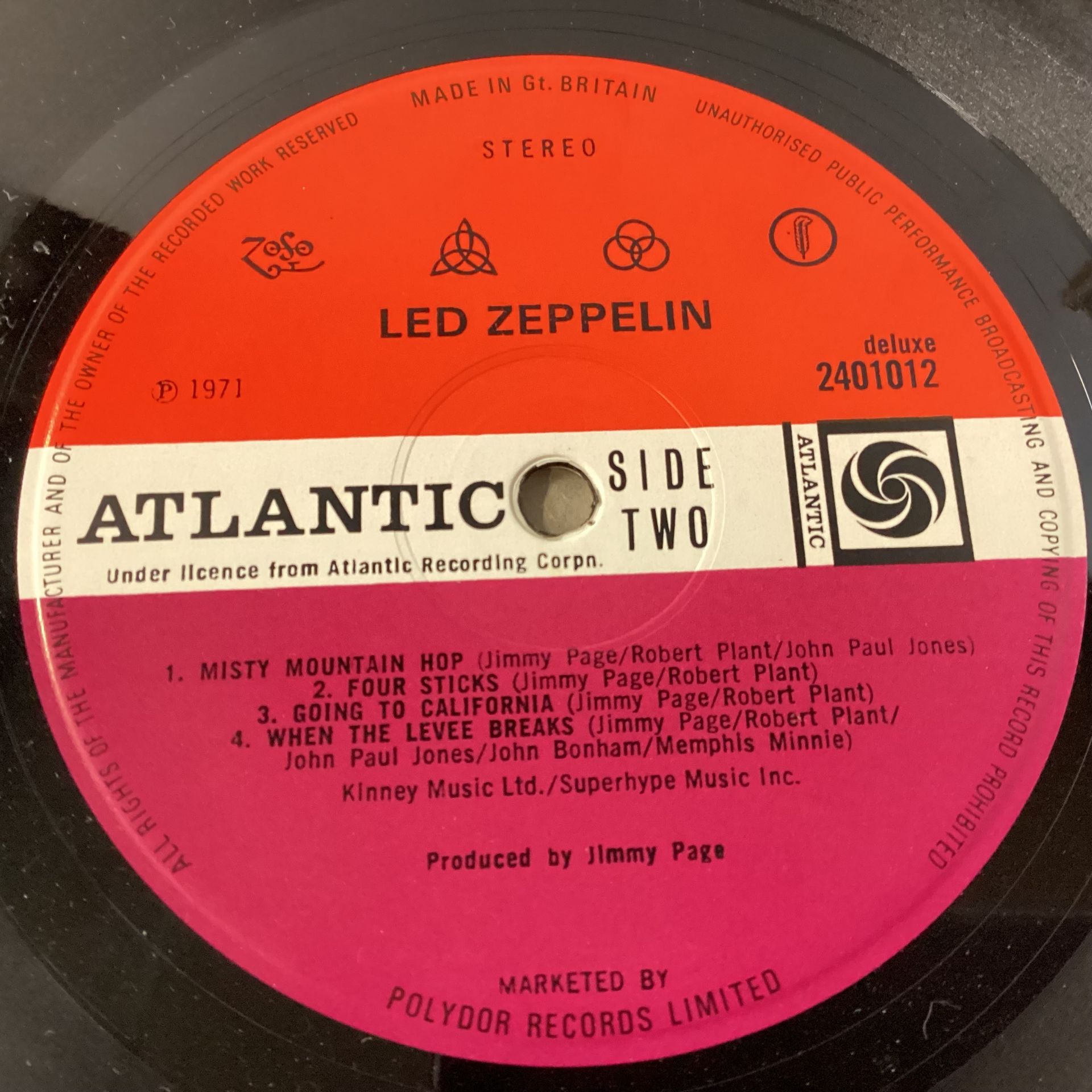LED ZEPPELIN 1V (4) ATLANTIC RED PLUM LABEL. Rare UK 1971 Early Pressing on the Atlantic Plum and - Image 5 of 5