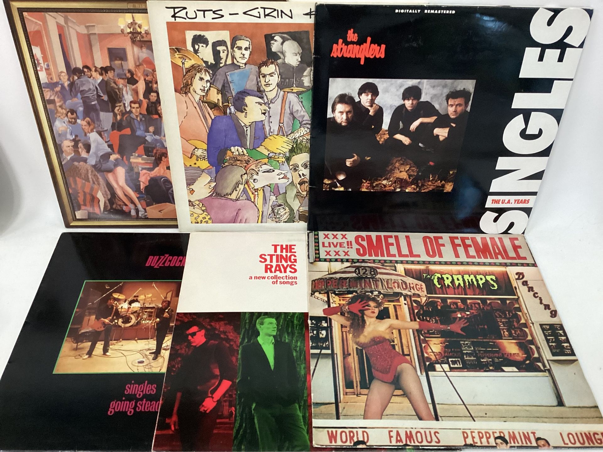 PUNK RELATED VINYL ALBUMS X 6. Artists here include - The Stranglers - The Cramps - The Sting Rays -