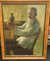 A large framed oil painting, of an oriental scholar in a walnut frame signed 90x70cm