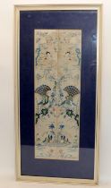 A fine pair of Chinese 19th century peacocks embroidery textile sleeve bands, framed and glazed.