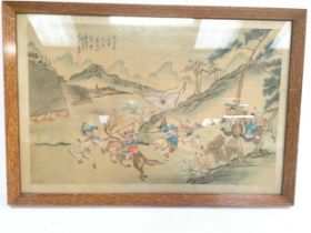 A Chinese battle scene calligraphy on silk.