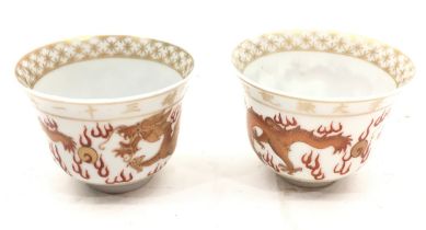 2 x Chinese Red dragon Tea cups with gilded decoration