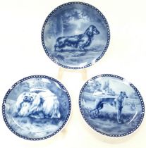 3 x Tove Svendsen blue and white porcelain Hundeplatte dog plates. 20cms across