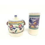 Poole Pottery shape 630 JV pattern biscuit barrel with matching lid together with a PB pattern shape