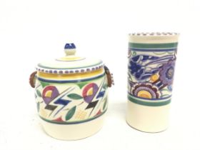 Poole Pottery shape 630 JV pattern biscuit barrel with matching lid together with a PB pattern shape