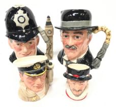 4 x Royal Doulton Character Jugs: large D6815 City Gent, large D6744 London Bobby, small D6233