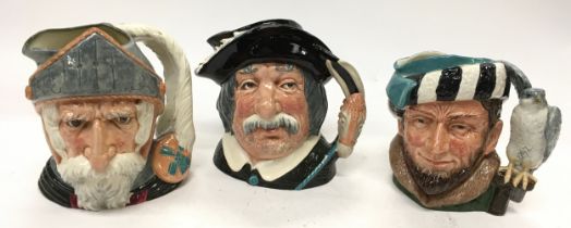 3 x Royal Doulton large Character Jugs: D6533 The Falconer, D6455 Don Quixote and D6456 Sancho Panza