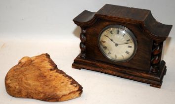 Small Edwardian oak mantel clock with French movement (needs attention) c/w a slam of English