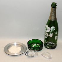 Hand painted Perrier-Jouet Champagne bottle, cw Perrier-Jouet stopper and ashtray and other