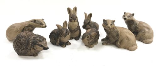 Poole Pottery collection of stoneware animals to include badgers, Hedgehog & rabbits (8)