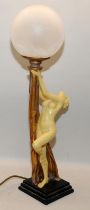 Naked Lady supporting a frosted glass globe shade table lamp in the Art Deco style. O/all height