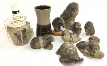 Poole Pottery stoneware to include Owl, Exmoor pony head, Tortoise, lamp plus others (11)