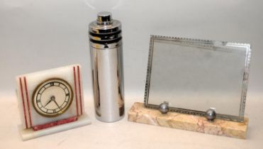 Smiths Art Deco marble mantel clock, marble based glass picture frame and chrome cocktail shaker
