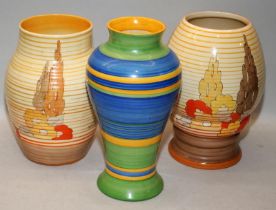3 x Clarice Cliff vases from the Bizarre range, two in the Capri pattern (both with hairline