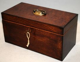 Georgian mahogany tea caddy with 3 lined compartments, with key. 16cms x 31cms x 15cms