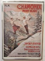 Framed and glazed Chamonix Skiing advertising poster 82x58cm.