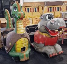 Two vintage children's amusement arcade rides to include a hippo and a dragon (carcasses only, no