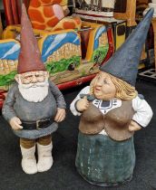 Pair of large fibreglass "his and hers" gnomes tallest 125cm.