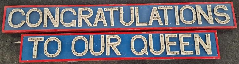 Vintage wooden light up sign in two parts, reads "Congratulations to Our Queen" measures 248x30cm