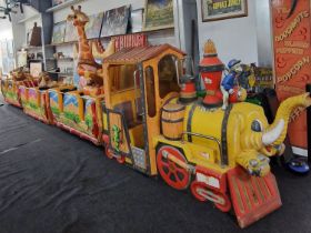 Large Safari Train fibreglass fairground ride to include locomotive and three carriages as well as