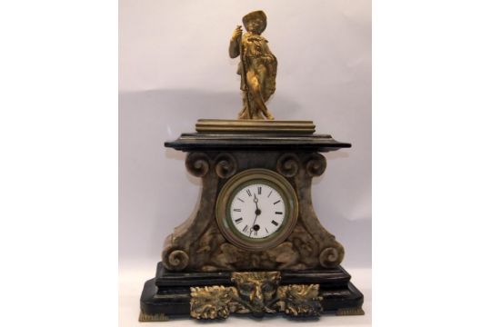 Antique French mantel clock of marble and gilded and ebonised wood construction With a gilded cast - Image 1 of 5