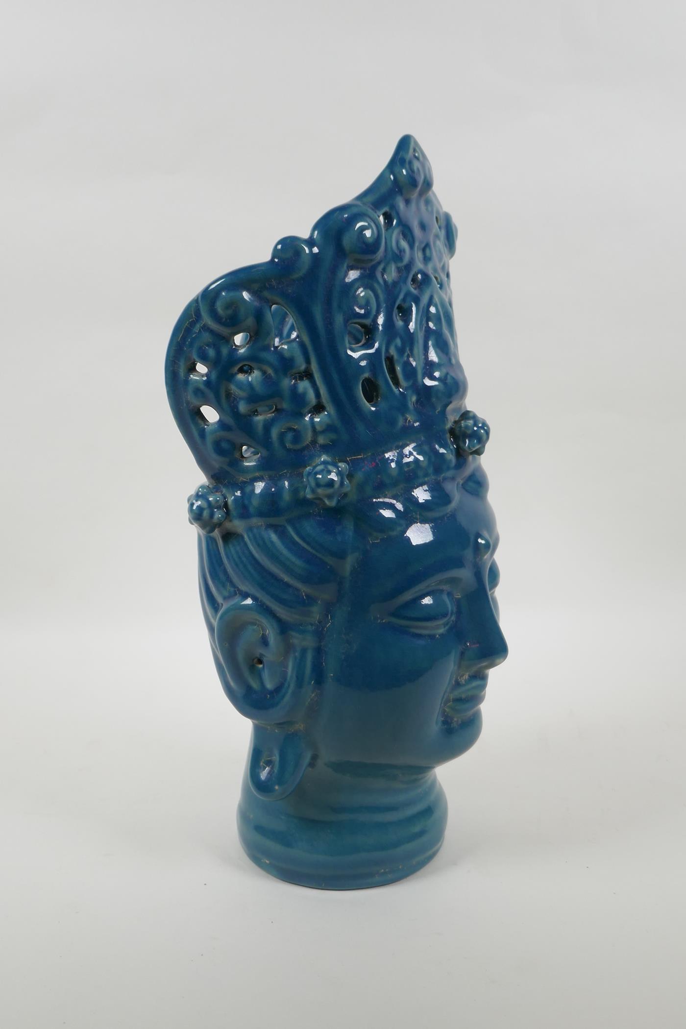A Chinese teal crackle glazed ceramic head bust of Guan Yin, 37cm high - Image 2 of 3