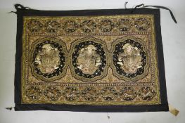 An antique Burmese stump work wall hanging depicting dancers and tigers, 172 x 120cm