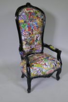 A black painted open armchair upholstered in Super Hero fabric, 100cm high