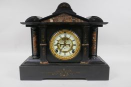 A late C19th American slate architectural mantel clock by Ansonia Clock Co, with an eight day