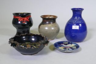 A studio pottery bowl with oak leaf border and three vases, signed Pam Williams, and a ceramic dish,