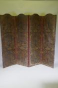 A Victorian four fold screen with embossed faux leather panels, 54 x 184cm