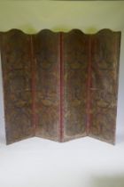 A Victorian four fold screen with embossed faux leather panels, 54 x 184cm