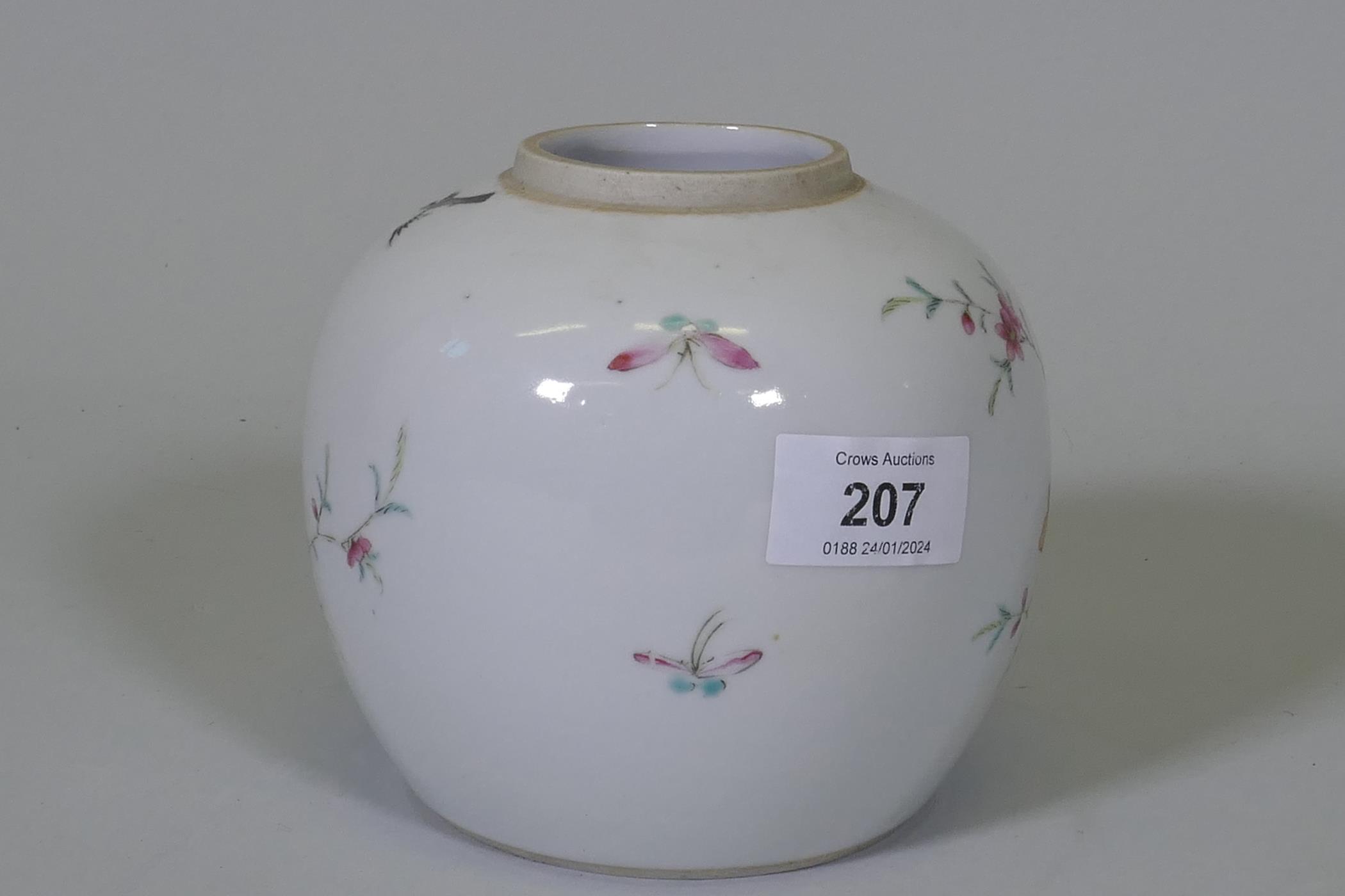 An antique Chinese famille verte storage jar, with enamel painted decoration of a rock garden, and - Image 3 of 6