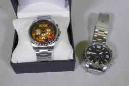 A Fossil stainless steel gentleman's wristwatch, appears working order, and an AC/DC Back to Black