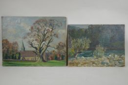 Maurice Codner, (British, 1888-1959), Woodmancote Church, 46 x 36cm, and a river scene, both oils on