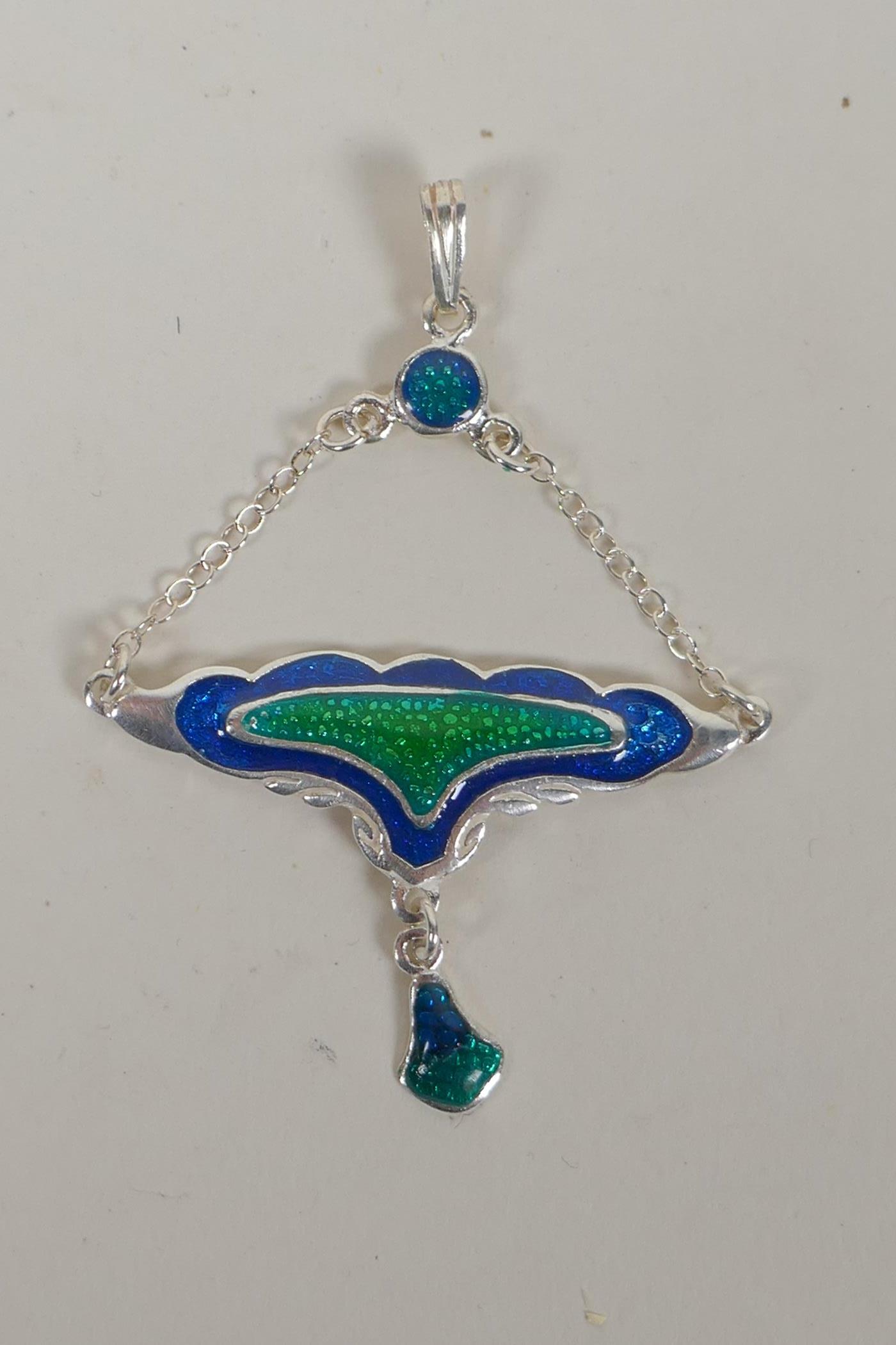 A sterling silver and enamel Art Nouveau style pendant, and another, 6cm drop - Image 3 of 3