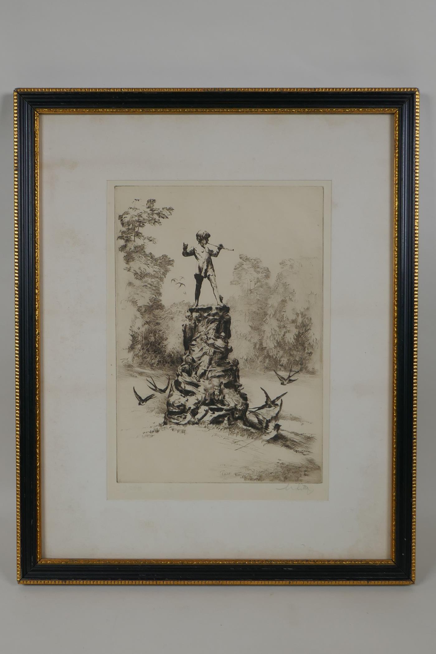 An early C20th engraving of the Peter Pan Statue after George Frampton and J.M. Barrie, indistinctly - Image 2 of 4