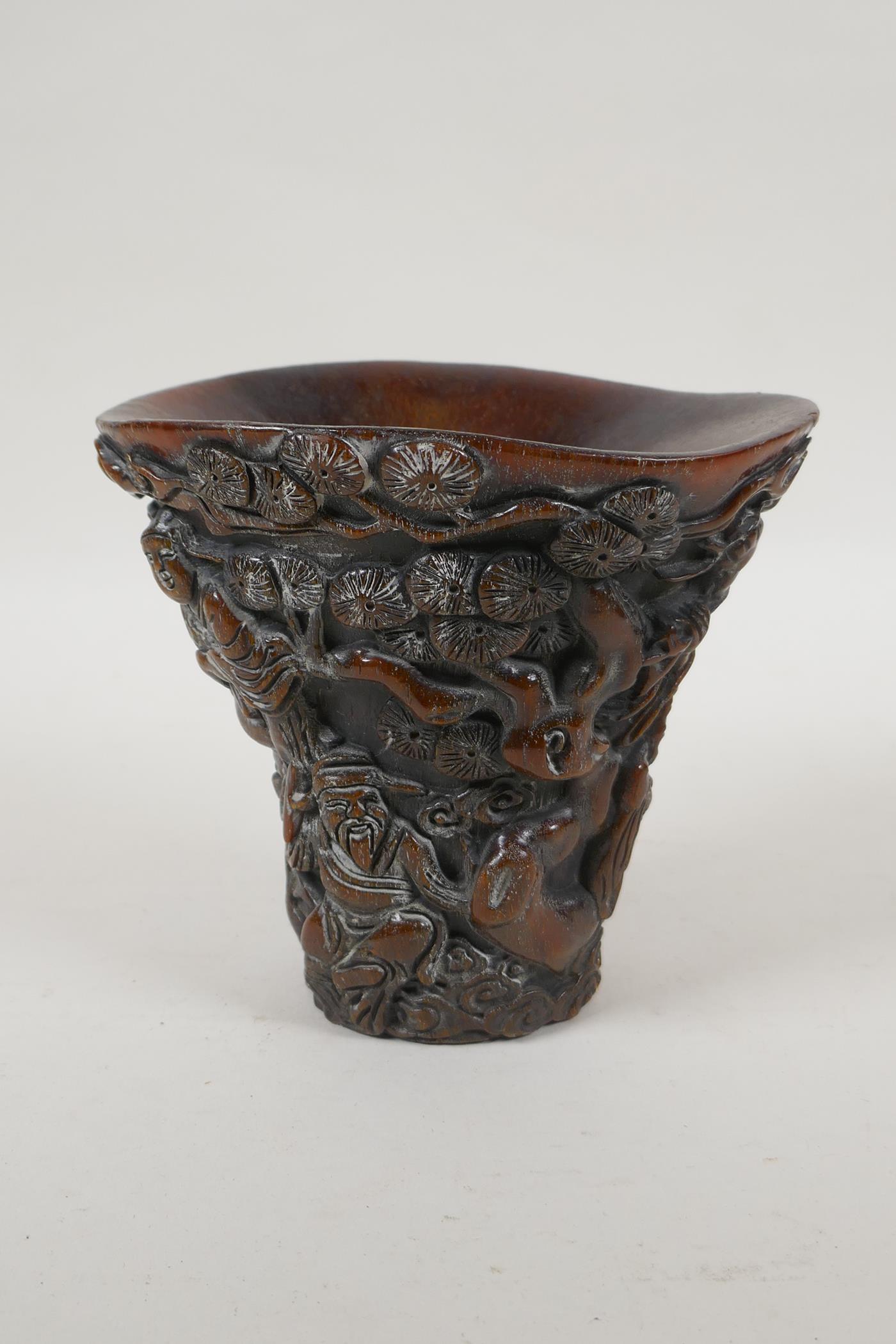 A Chinese faux horn libation cup with carved decoration of the Eight Immortals, 4 character mark - Image 3 of 6