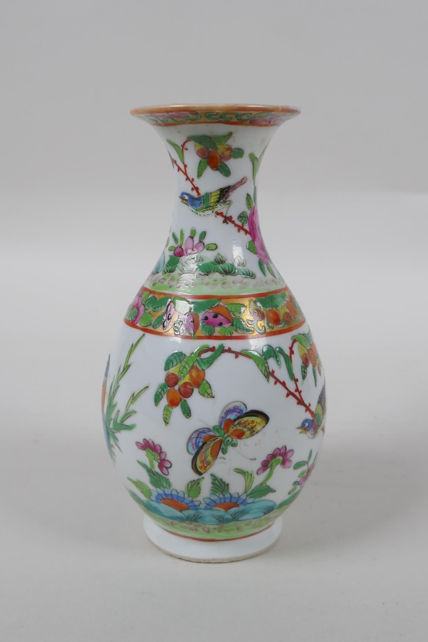 A late C19th Cantonese famille vert porcelain vase decorated with birds and butterflies amongst - Image 2 of 7