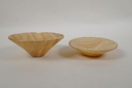 A middle eastern carved alabaster conical bowl and another smaller, largest 13cm diameter