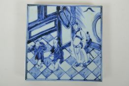 A Chinese blue and white porcelain temple tile depicting a scholar and children, 20 x 20cm