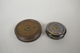 A brass cased 100 year calendar and compass, together with a reproduction 1930s brass marine