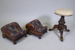 Two antique carved rosewood footstools, 30 x 34cm, and a carved mahogany piano stool