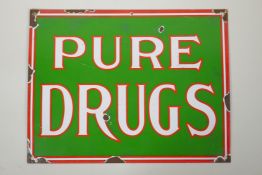 A vintage style 'Pure Drugs' enamel sign, 38 x 29cm