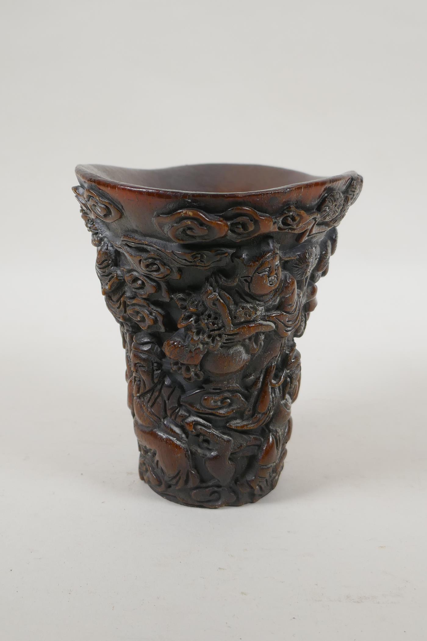 A Chinese faux horn libation cup with carved decoration of the Eight Immortals, 4 character mark - Image 2 of 6