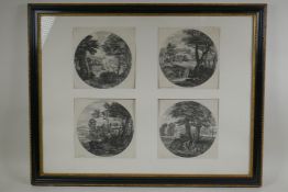 A framed set of four C17th Flemish etchings depicting classical landscape scenes, published by