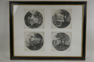 A framed set of four C17th Flemish etchings depicting classical landscape scenes, published by