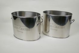 A pair of chromed metal Champagne coolers with two handles  and bearing an Alfred Gratien design, 28