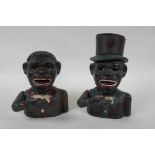 A vintage American painted cast iron mechanical figural money box and another similar, largest