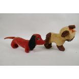 A vintage Merrythought plush brown point Siamese cat, and a velvet toy Dachshund, possibly